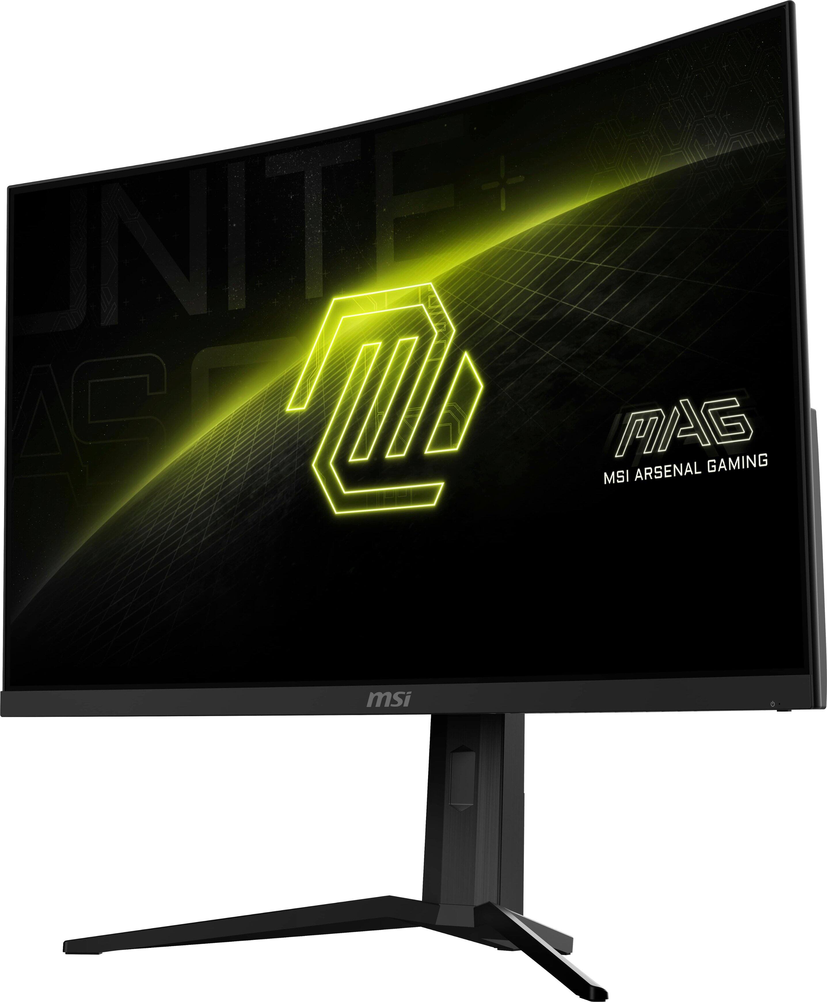 The image features a large monitor with a black background and a yellow stripe. The monitor is advertised as a MSI MAG Arsenal Gaming monitor, which is designed for enhanced gaming experiences. The monitor is placed on a stand, and its size is emphasized by the close-up view of the image. The MSI logo is also visible on the monitor, indicating its brand and quality.