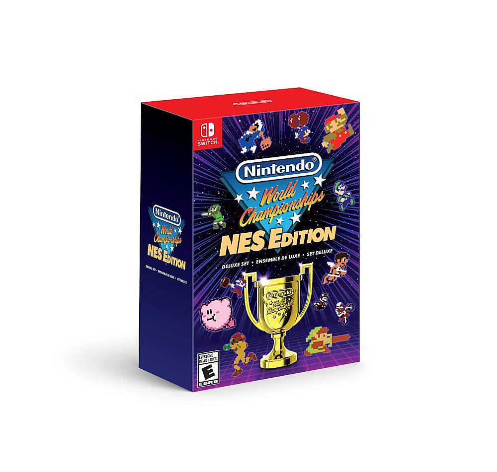 The image features a boxed set of the Nintendo World Championships NES Edition, which includes a Nintendo Switch and a collection of games. The box is blue and has a gold trophy on it, representing the NES Championship. The set is designed for the Nintendo Switch gaming console and is a deluxe edition, offering a comprehensive gaming experience.