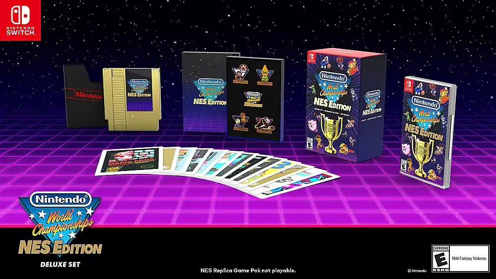 Nintendo Switch. Nintendo NES Edition. Nintendo World Championships NES Edition. Mario Kart 8 Deluxe. Nintendo World Championships NES Edition. NES Replica Game Pak not playable. EVERYONE. Mild Fantasy Violence. Nintendo ESRB.