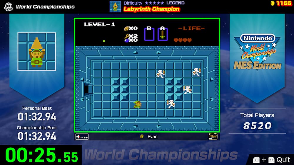The image displays a video game, specifically a Nintendo game, with a timer showing the time elapsed. The game is set on a level-1 difficulty, and the player is currently at the Legend difficulty. The game is titled "World Championships," and the NES edition is being played. The player's personal best time is 01:32.94, while the championship best time is 01:32.94. The game is being played by Evan, and the current time is 00:25.55.