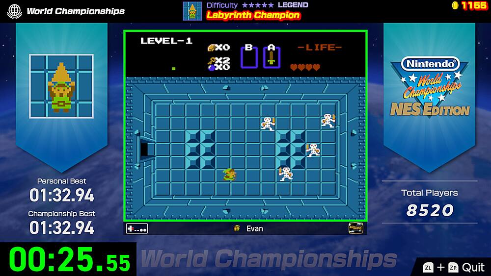 The image displays a video game, specifically a Nintendo game, with a timer showing the time elapsed. The game is set on a level-1 difficulty, and the player is currently at the Legend difficulty. The game is titled "World Championships," and the NES edition is being played. The player's personal best time is 01:32.94, while the championship best time is 01:32.94. The game is being played by Evan, and the current time is 00:25.55.