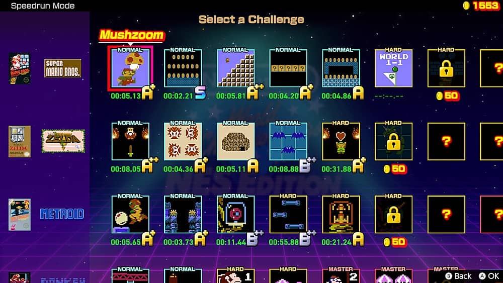 Speedrun Mode Mushzoom Select a Challenge
1553 MARIO BROS SUPER MARIO BROS. NORMAL 00:05.13 NORMAL NORMAL NORMAL NORMAL ? ? ? ? ? 00:02.21 S 00:05.81 A* 00:04.20 A 00:04.86 A
HARD WORLD 1-1 HARD 50 NORMAL NORMAL NORMAL NORMAL HARD HARD
ZELDA ZELDA HERE I 00:08.05 A 00:04.36 A 00:05.11 A 00:08.88 B+ 00:31.88 A 50 NORMAL NORMAL NORMAL HARD HARD HARD
METROID METROID 00:05.65 A 00:03.73 A 00:11.44 B 00:55.88 B+ 00:21.24 A 50 ? SAUISEE NORMAL NORMAL HARD 1 1 HARD - MASTER 2 MASTER MASTER
B