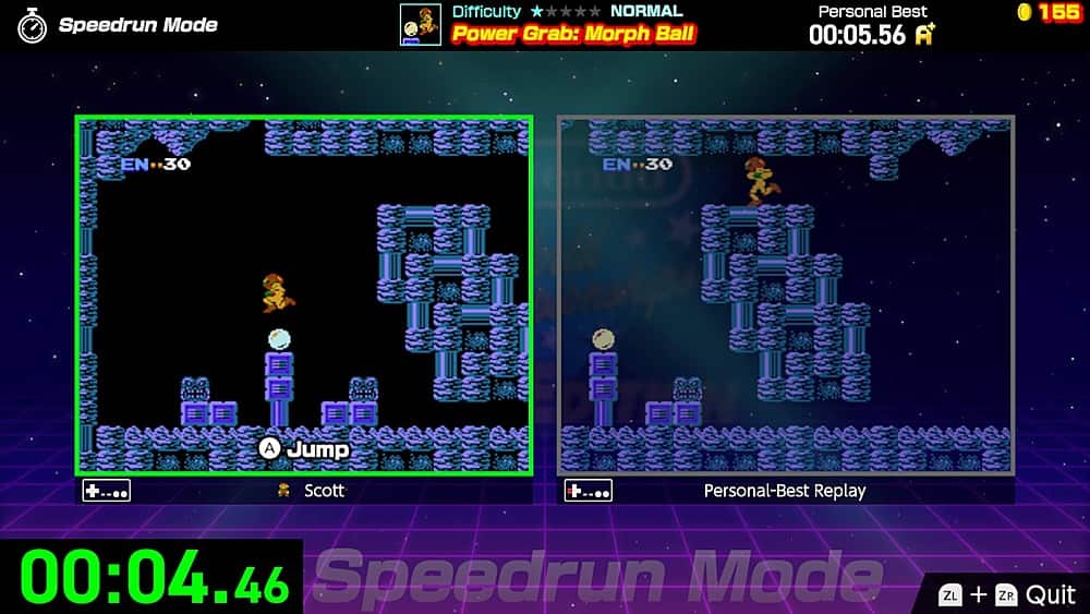 Speedrun Mode Difficulty NORMAL Power Grab: Morph Ball Personal Best 00:05.56 A 155 EN 30 EN 30 A Jump +... Scott +... Personal-Best Replay 00:04.46