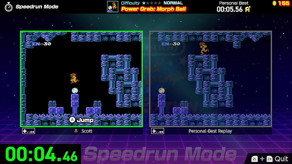 Speedrun Mode Difficulty NORMAL Power Grab: Morph Ball Personal Best 00:05.56 A 155 EN 30 EN 30 A Jump +... Scott +... Personal-Best Replay 00:04.46