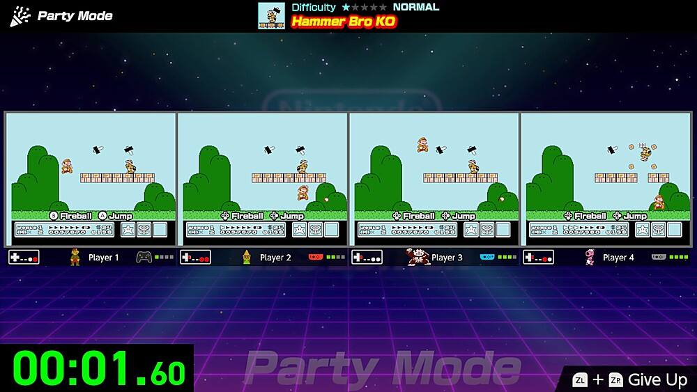 The image shows a video game with a timer displaying 0:01.60. The game is set to Party Mode with a difficulty of Normal. The game features a character named Hammer Bro, who is using a Fireball and a Jump. The game is set in a world with a S2U MX 24 environment. The game is played by four players, each with their own player number. The timer indicates that the game is in progress, and the players are actively engaged in the game.