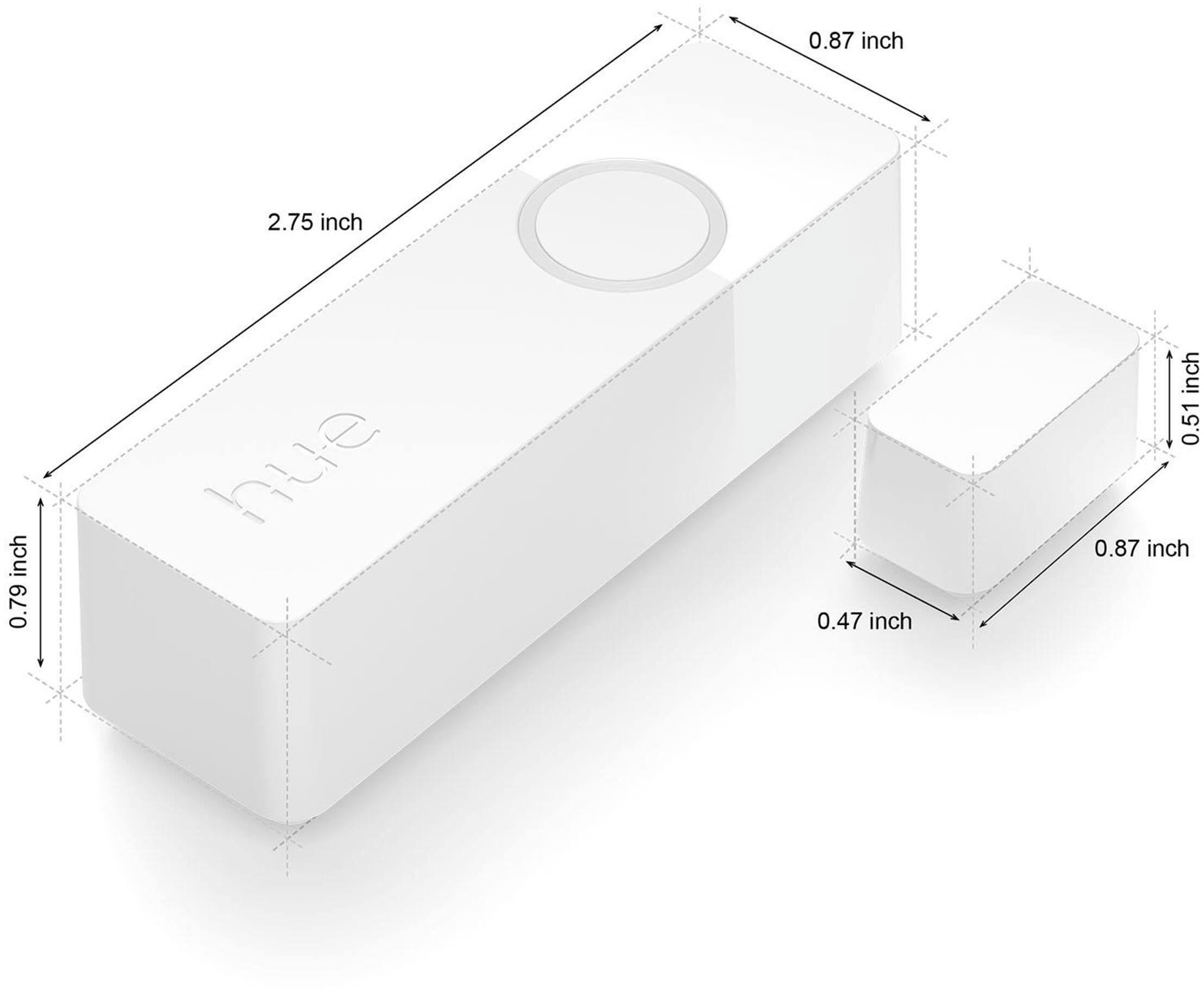The image features a white box with a button on top of it. The box measures 2.75 inches in length and 0.47 inches in width. The button is located in the center of the box, and it is 0.87 inches in diameter. The box is designed to hold a small object, possibly a piece of technology, as it is described as a "Hue" box.