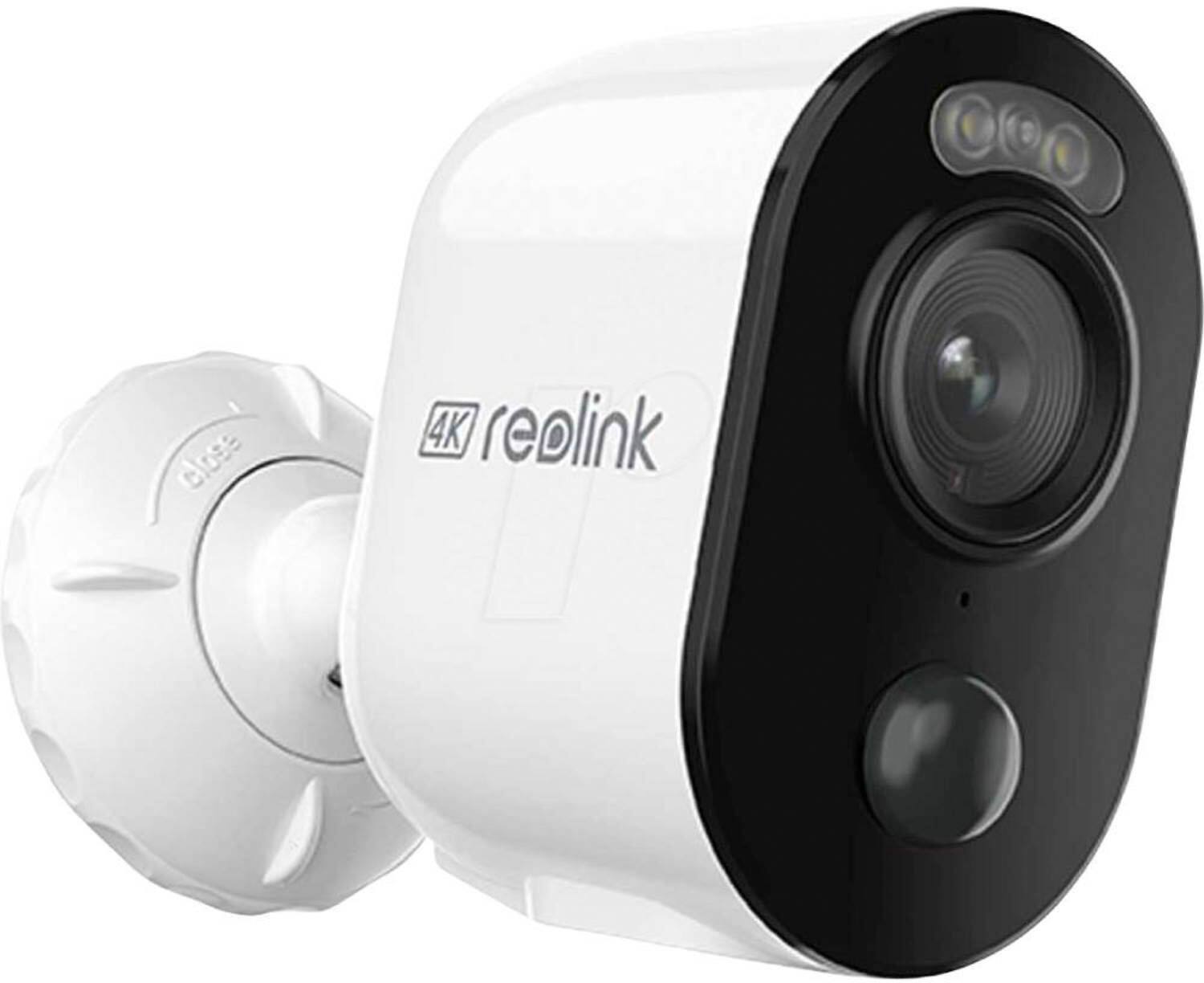 The image features a white and black Reolink camera, which is a type of surveillance camera. It is mounted on a wall and appears to be a high-quality, modern device. The camera is designed to capture clear images and provide security for the area it is installed in.