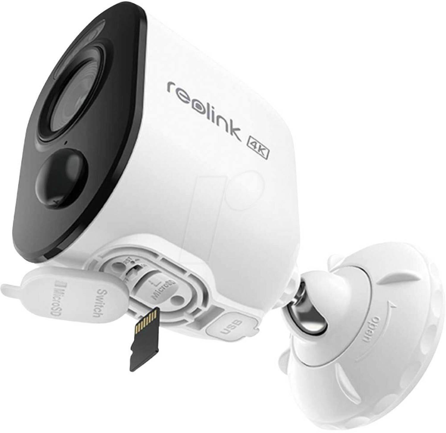 The image features a white Reolink 4K MicroSD Switch F Microta USB camera. The camera is designed to be used with a MicroSD card and a USB cable for easy connectivity and data transfer. The camera is a compact and portable device that can be used for various surveillance purposes.
