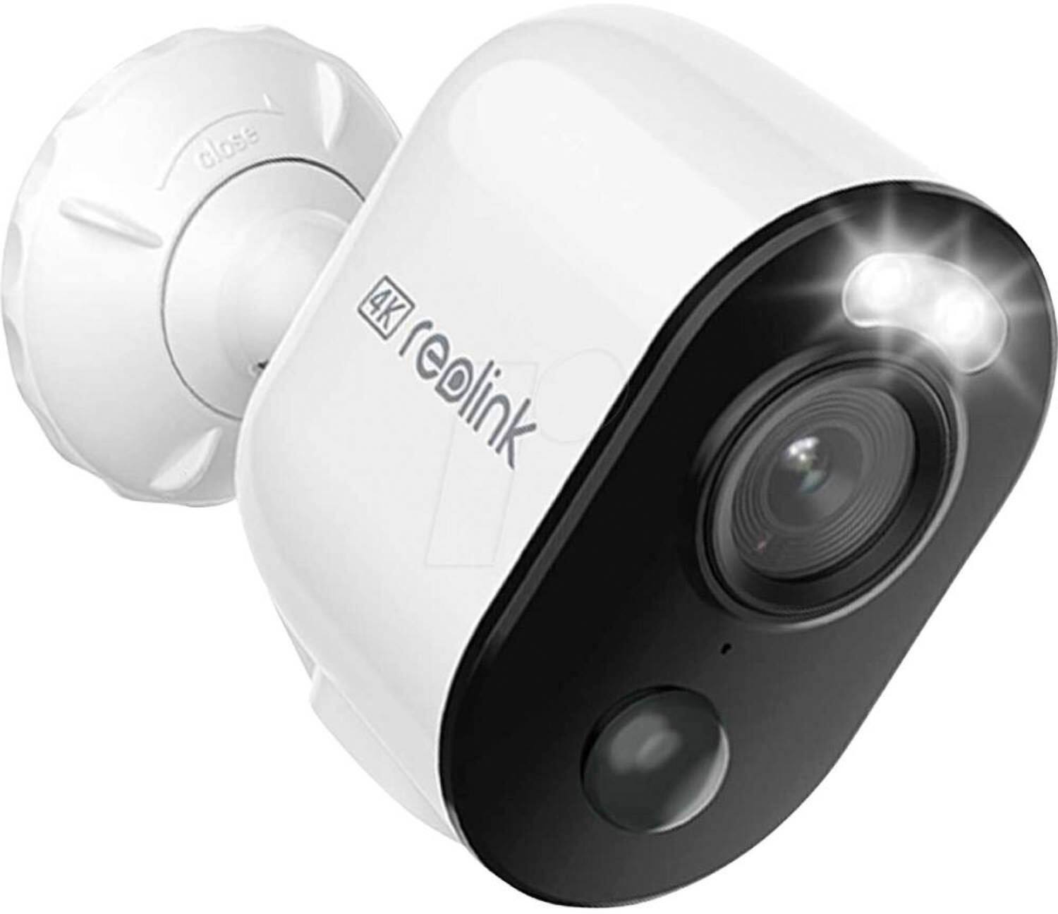 The image features a white and black camera, which is a reolink camera. It is positioned in front of a white background, and the camera is illuminated by a bright light. The camera appears to be a 4K reolink camera, which is designed for surveillance purposes.