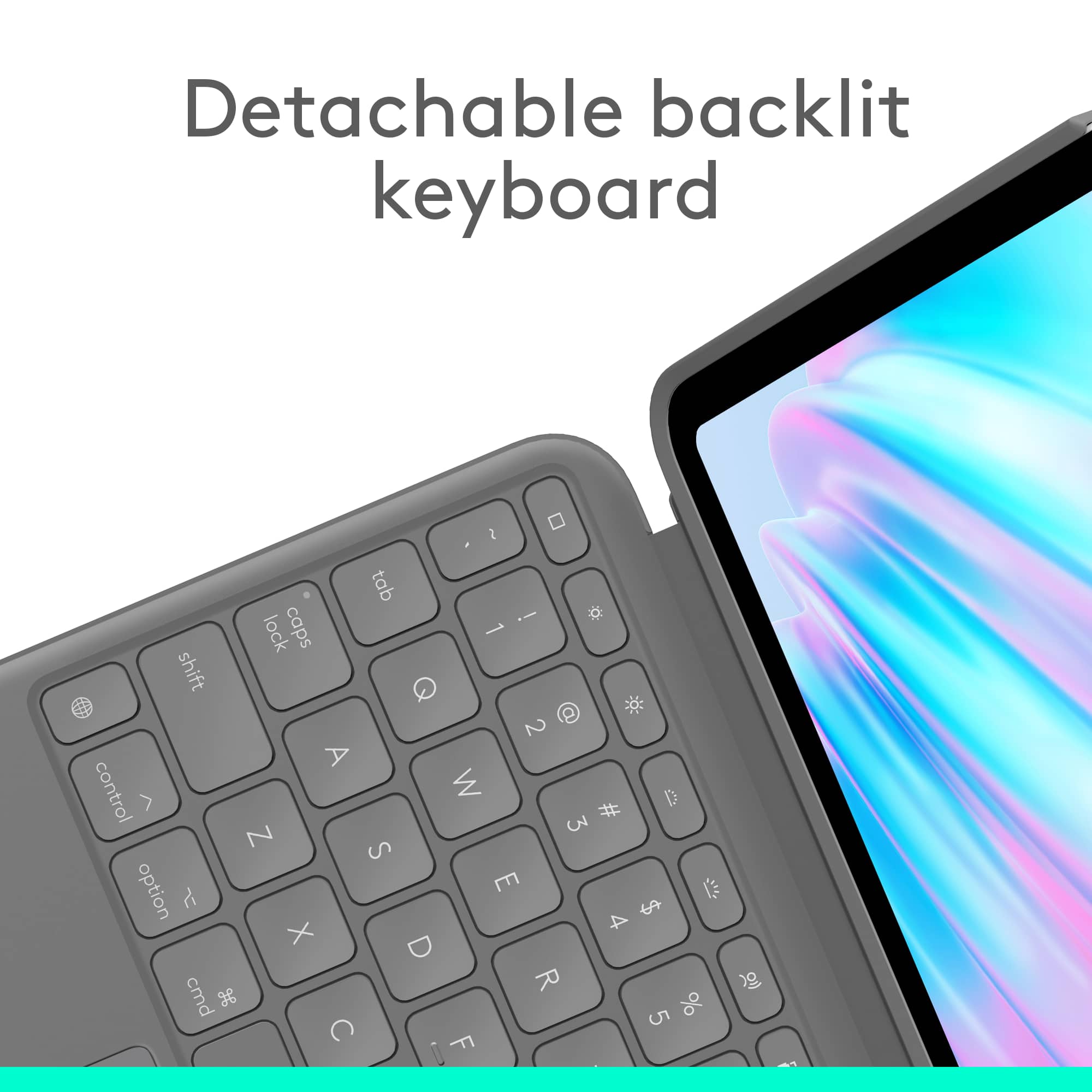 Detachable backlit keyboard with lock caps, shift, control, and option keys. The keys include Z, X, cmd, 3, tab, S, 2, !, 1, 2, W, D, 3, E, $ and F.