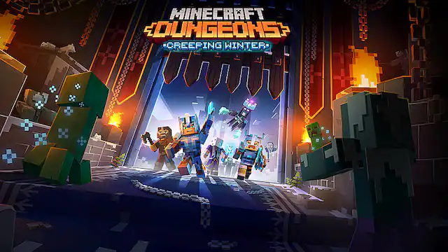 The image features a video game called Minecraft Dungeons. The game is set in a creepy winter environment, with a group of characters standing in front of a doorway. The characters are equipped with various weapons, such as swords and bows, and are ready to face the challenges ahead. The game appears to be a fun and engaging experience for players who enjoy Minecraft and adventure games. - E10+ (Everyone 10+)