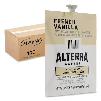 FRENCH VANILLA
NATURAL & ARTIFICIAL FLAVORS
ARÔMES NATURELS ET ARTIFICIELS
FLAVIA
100 Freshpacks per case
ALTERRA COFFEE
LIGHT ROAST
TORRÉFACTION LÉGÈRE
GROUND COFFEE / CAFÉ MOULU
RICH, CREAMY VANILLA
VANILLE RICHE ET CRÈMEUSE
NET WT/POIDS NET 0.23 OZ (6.5 g)