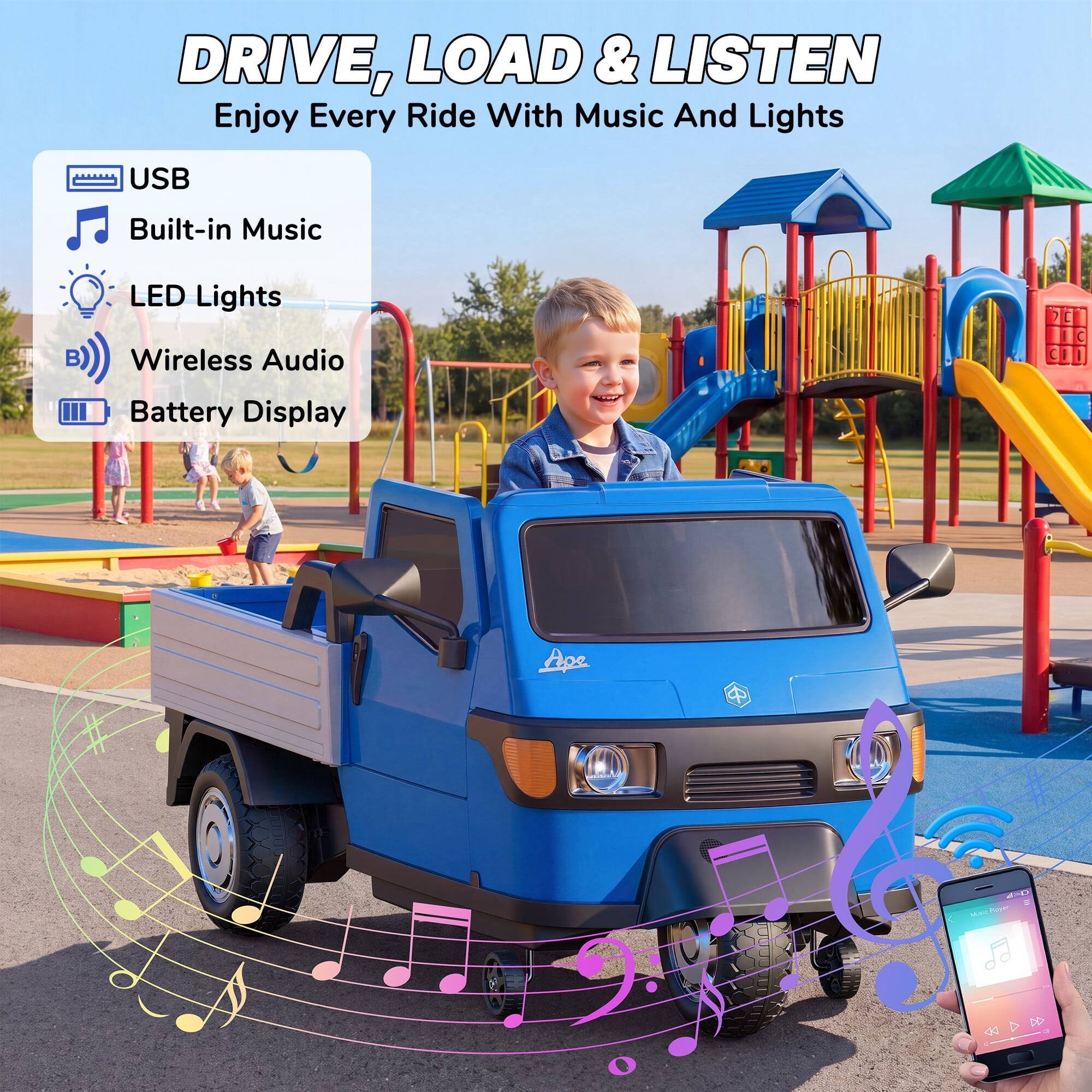 DRIVE, LOAD & LISTEN  
Enjoy Every Ride With Music And Lights

USB  
Built-in Music  
LED Lights  
Wireless Audio  
Battery Display