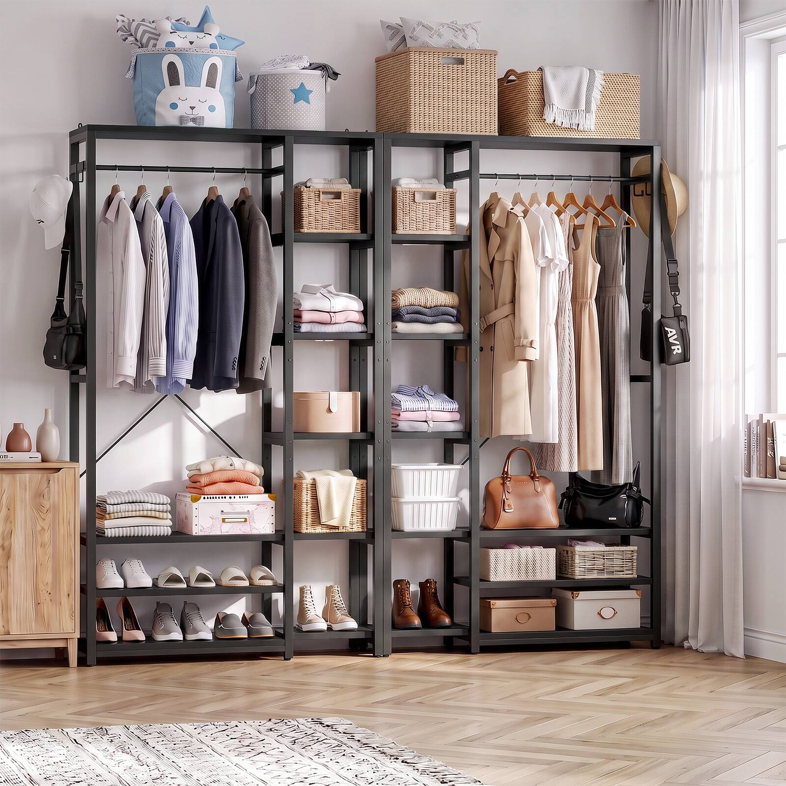 Alt View 2. Aheaplus - 35.4" Width Clothing Rack with Hanging Rod, 70.8" Tall Garment Rack with 9 open Shelves & Hooks - Black.