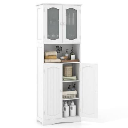 Front. Ecooso - 64.5 Inch Tall Bathroom Storage Cabinet with Frost Glass Doors and Adjustable Shelves - White.