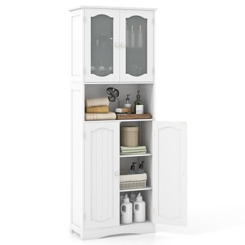 Front. Ecooso - 64.5 Inch Tall Bathroom Storage Cabinet with Frost Glass Doors and Adjustable Shelves - White.