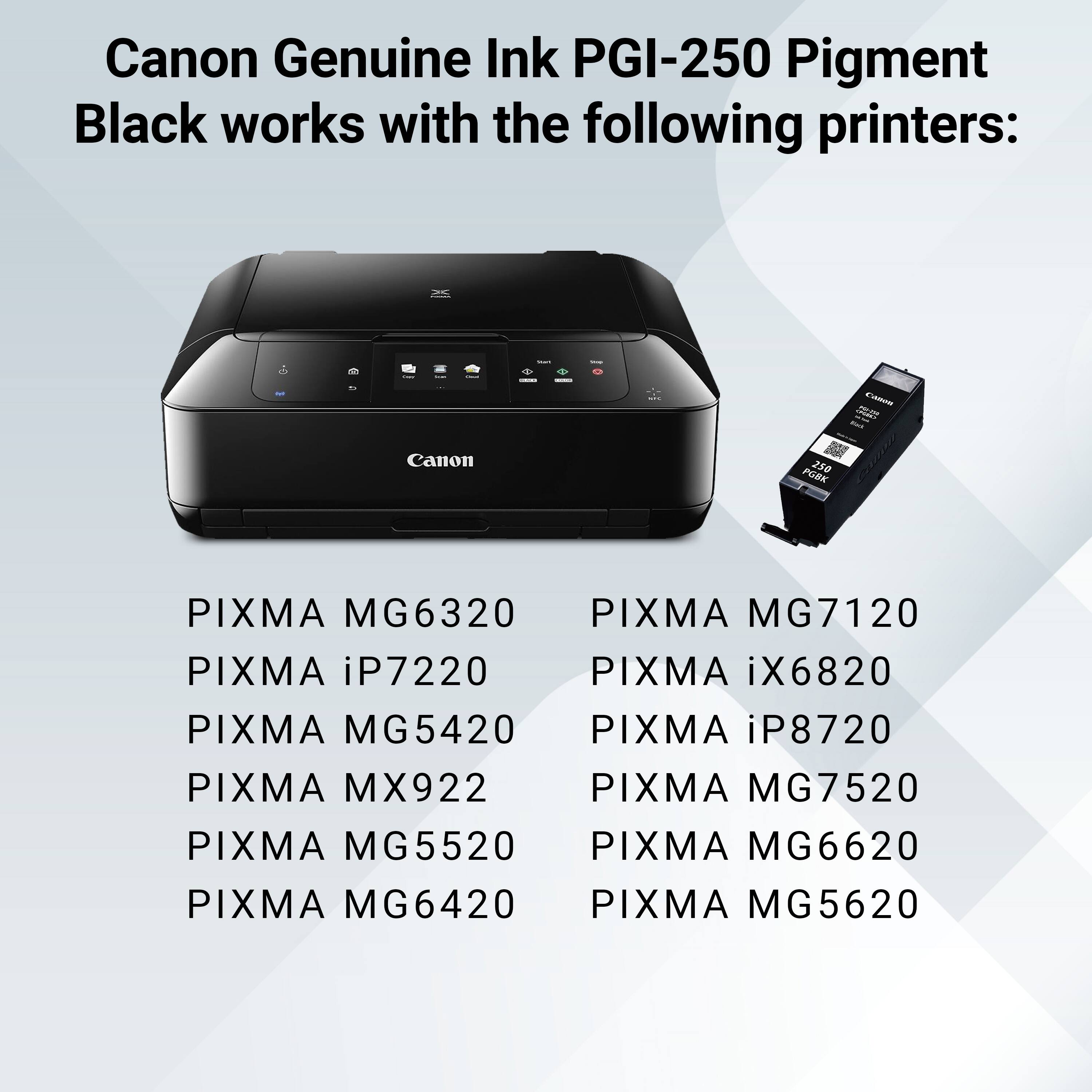 Canon Genuine Ink PGI-250 Pigment Black works with the following printers:

- PIXMA MG6320
- PIXMA iP7220
- PIXMA MG5420
- PIXMA MX922
- PIXMA MG5520
- PIXMA MG6420
- PIXMA MG7120
- PIXMA iX6820
- PIXMA iP8720
- PIXMA MG7520
- PIXMA MG6620
- PIXMA MG5620