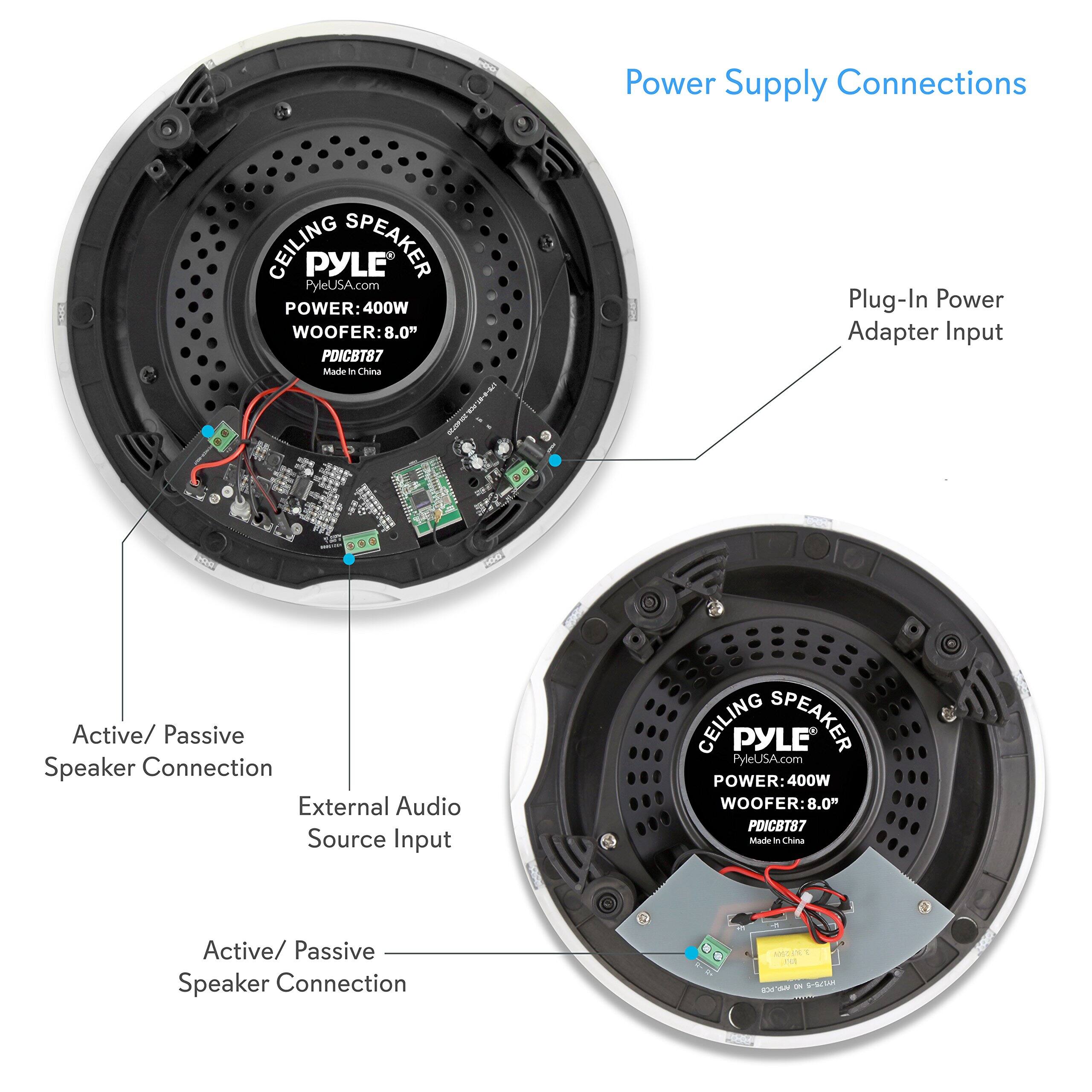 Power Supply Connections

CEILING SPEAKER  
PYLE  
PyleUSA.com  
POWER: 400W  
WOOFER: 8.0"  
PDCBT87  
Made in China  

Plug-In Power Adapter Input  

Active/ Passive Speaker Connection  

External Audio Source Input  

Active/ Passive Speaker Connection