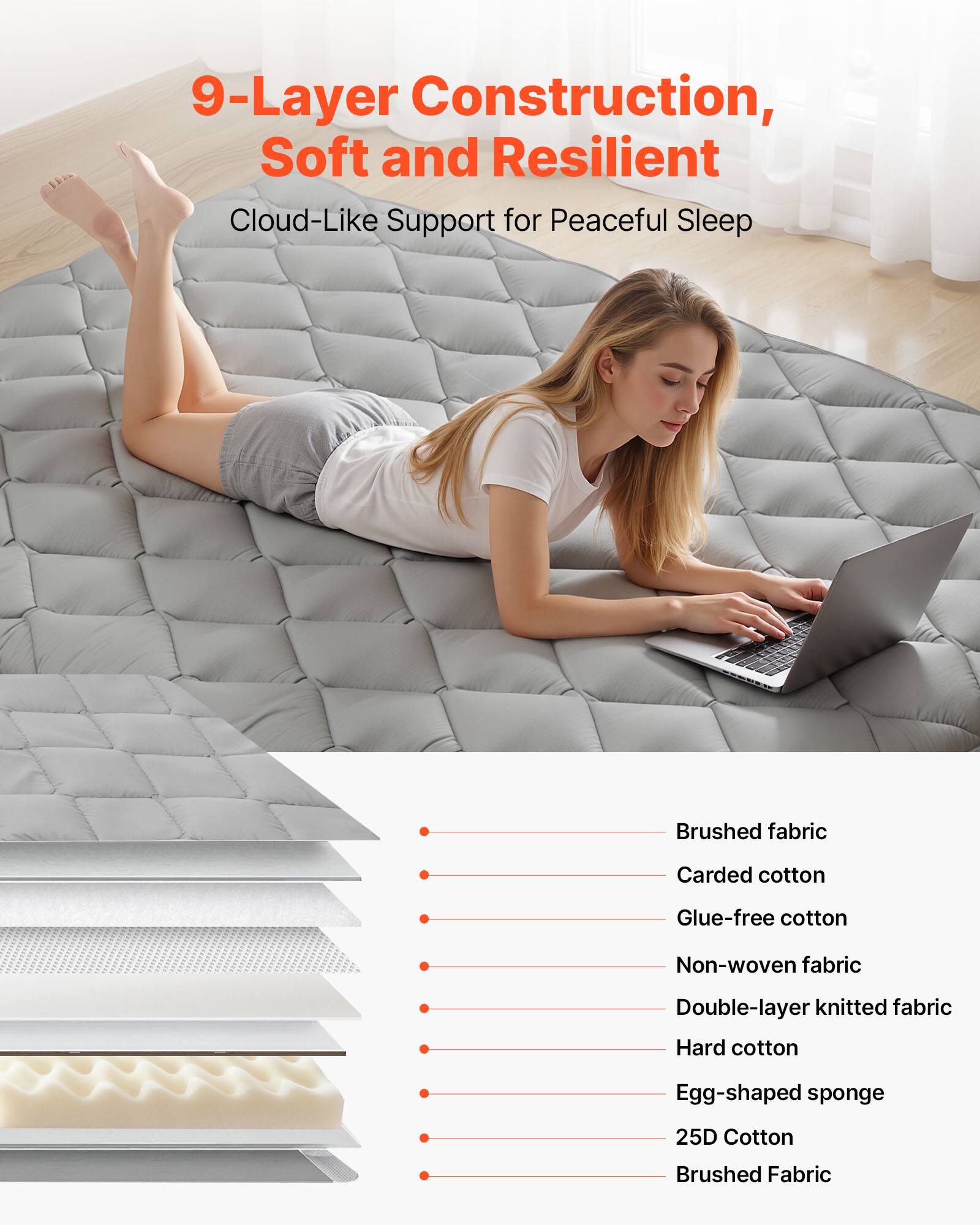 VEVOR - Japanese Tatami Mat, Full Size Foldable Japanese Tatami Mattress, Futon Mattress with Storage Bag & Fastener - Gray - Thumbnail 5