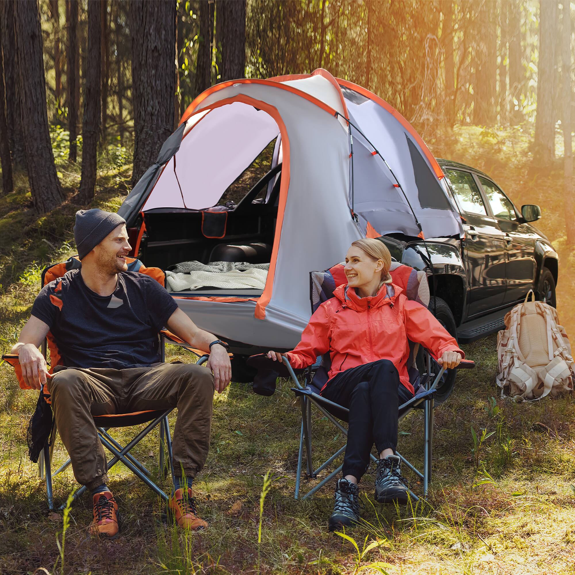 Left. Costway - 5' -5.2' Compact Short Bed Truck Tent Portable Pickup Carry Bag Outdoor Travel - Orange + Silver.