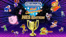 The image features a colorful poster with various Nintendo characters, including Mario, Zelda, and Pikachu. The poster advertises the Nintendo World Championships NES Edition, showcasing the iconic characters and their involvement in the video game. The poster is designed to attract attention and promote the Nintendo World Championships NES Edition.