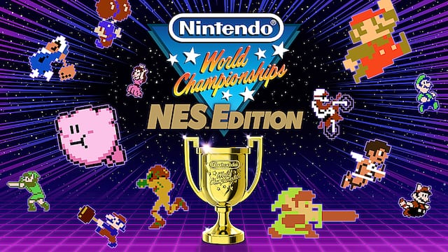 The image features a colorful poster with various Nintendo characters, including Mario, Zelda, and Pikachu. The poster advertises the Nintendo World Championships NES Edition, showcasing the iconic characters and their involvement in the video game. The poster is designed to attract attention and promote the Nintendo World Championships NES Edition. - E (Everyone)
