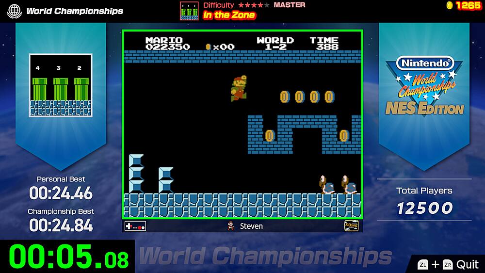 The image features a video game, specifically Super Mario Bros., with a timer showing the elapsed time. The timer reads 00:05.08, indicating that the player has been playing for 5 minutes and 8 seconds. The game is being played on a Nintendo NES system.