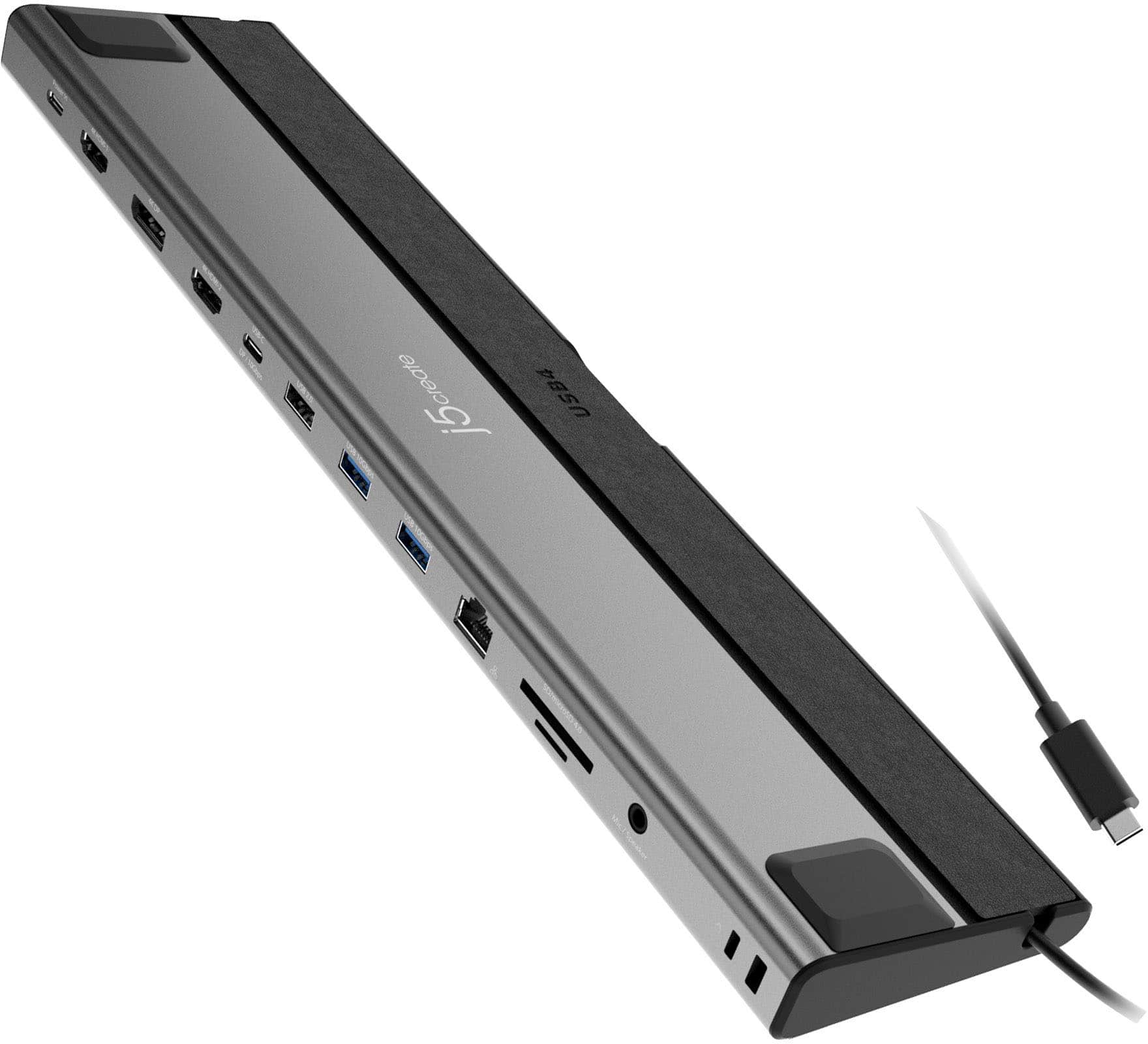 The image shows a laptop docking station with a USB4 port. The station is designed to connect a laptop to a monitor, keyboard, and mouse, providing a more ergonomic and efficient workspace. The station is black and silver in color, and it has a USB4 port for charging and data transfer. The station is connected to a laptop, which is not visible in the image.