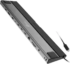The image shows a laptop docking station with a USB4 port. The station is designed to connect a laptop to a monitor, keyboard, and mouse, providing a more ergonomic and efficient workspace. The station is black and silver in color, and it has a USB4 port for charging and data transfer. The station is connected to a laptop, which is not visible in the image.