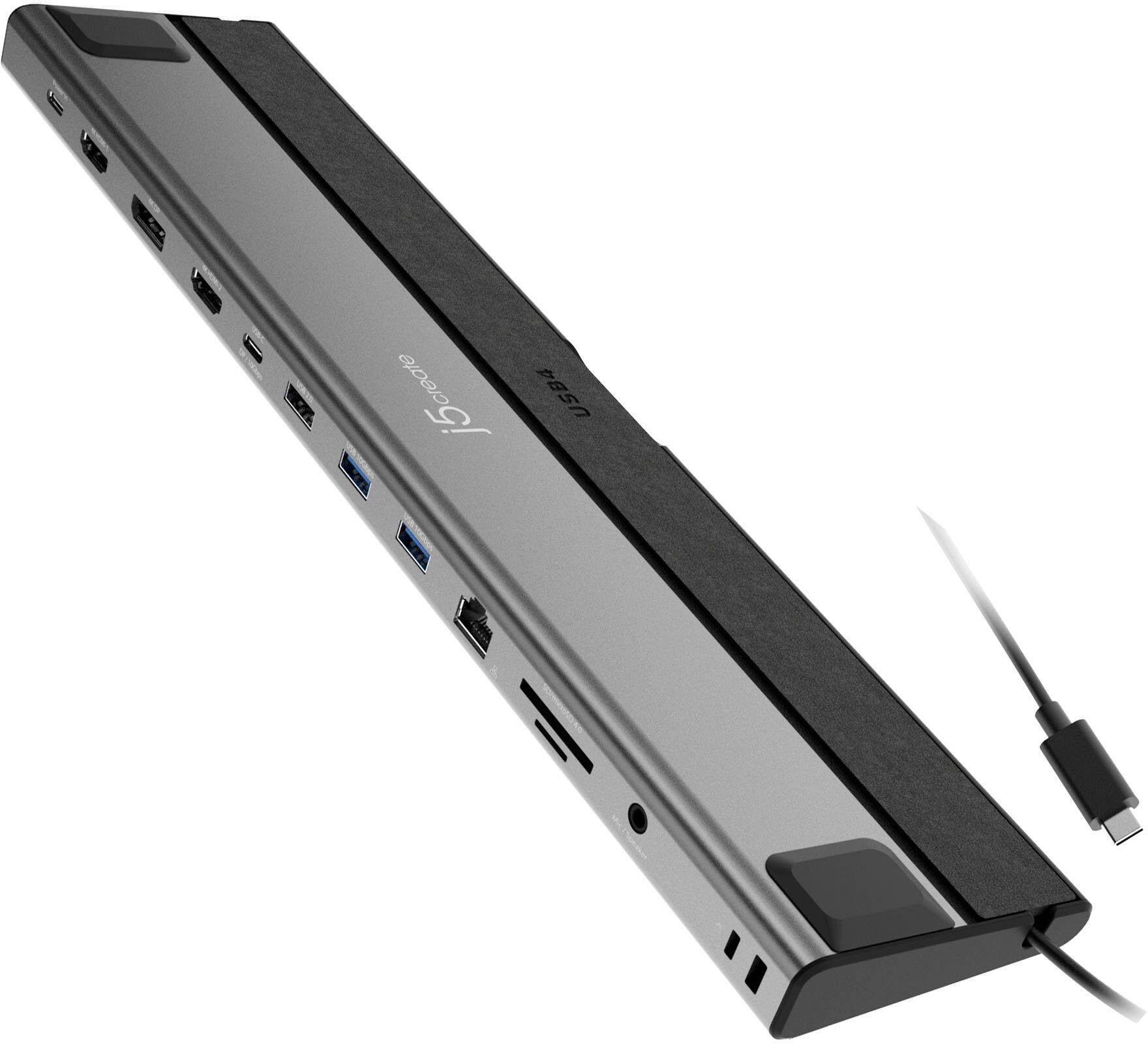 The image shows a laptop docking station with a USB4 port. The station is designed to connect a laptop to a monitor, keyboard, and mouse, providing a more ergonomic and efficient workspace. The station is black and silver in color, and it has a USB4 port for charging and data transfer. The station is connected to a laptop, which is not visible in the image.