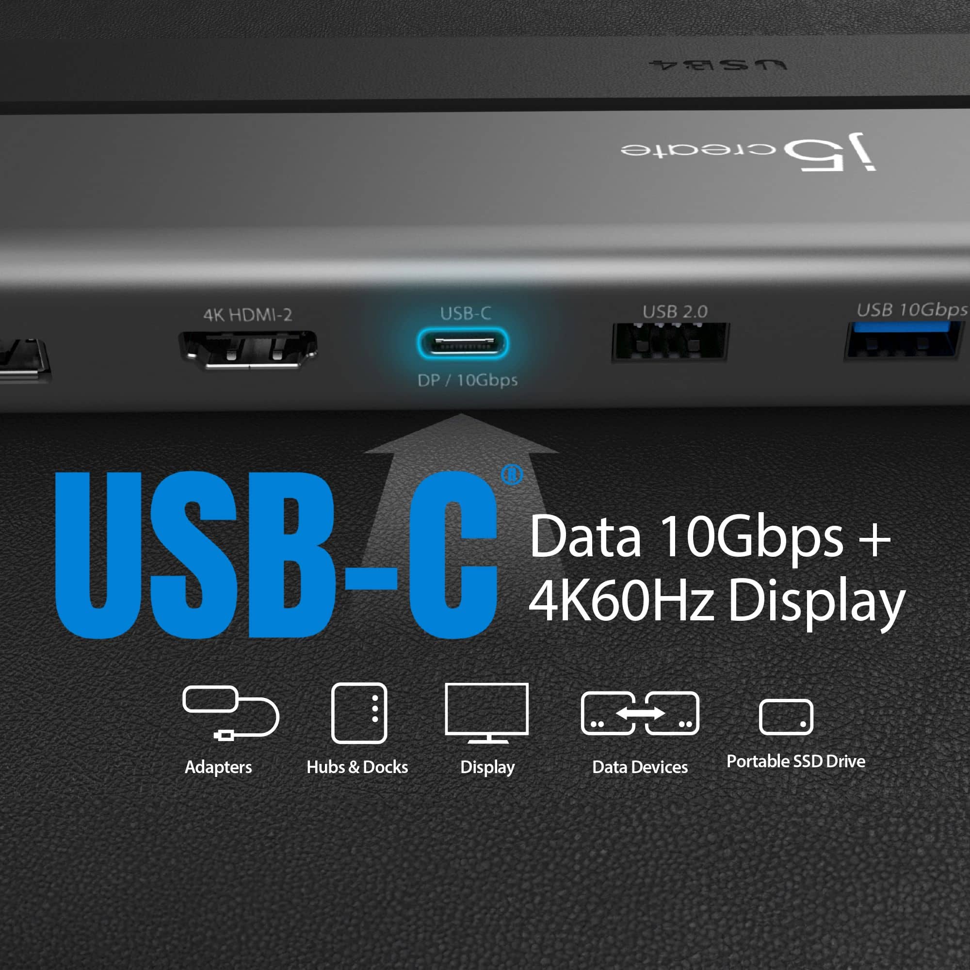 The image features a laptop docking station with USB-C ports, including a USB-C port with data transfer speeds of 10Gbps. The docking station also supports USB 2.0 and USB 10Gbps DP, as well as 4K60Hz display. The device is designed for use with a laptop, and it allows for easy connectivity and data transfer between the laptop and other devices.