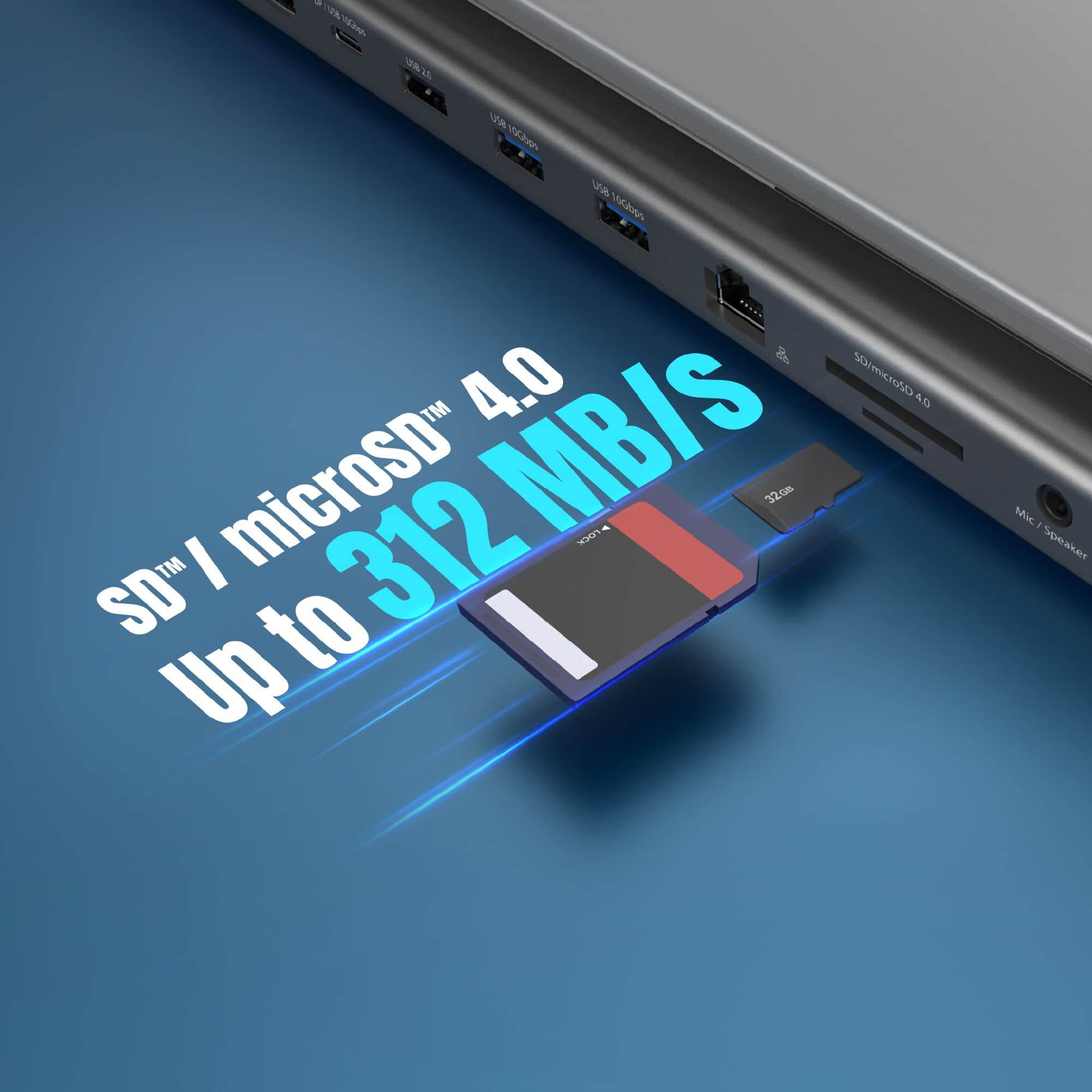 The image features a laptop with a memory card inserted into it. The memory card is shown to be a microSD card, which is capable of transferring data at a speed of 312 MB/s. The laptop is also equipped with a USB port, allowing for additional connectivity options. The image is promoting the laptop's memory card capabilities and its compatibility with microSD cards.