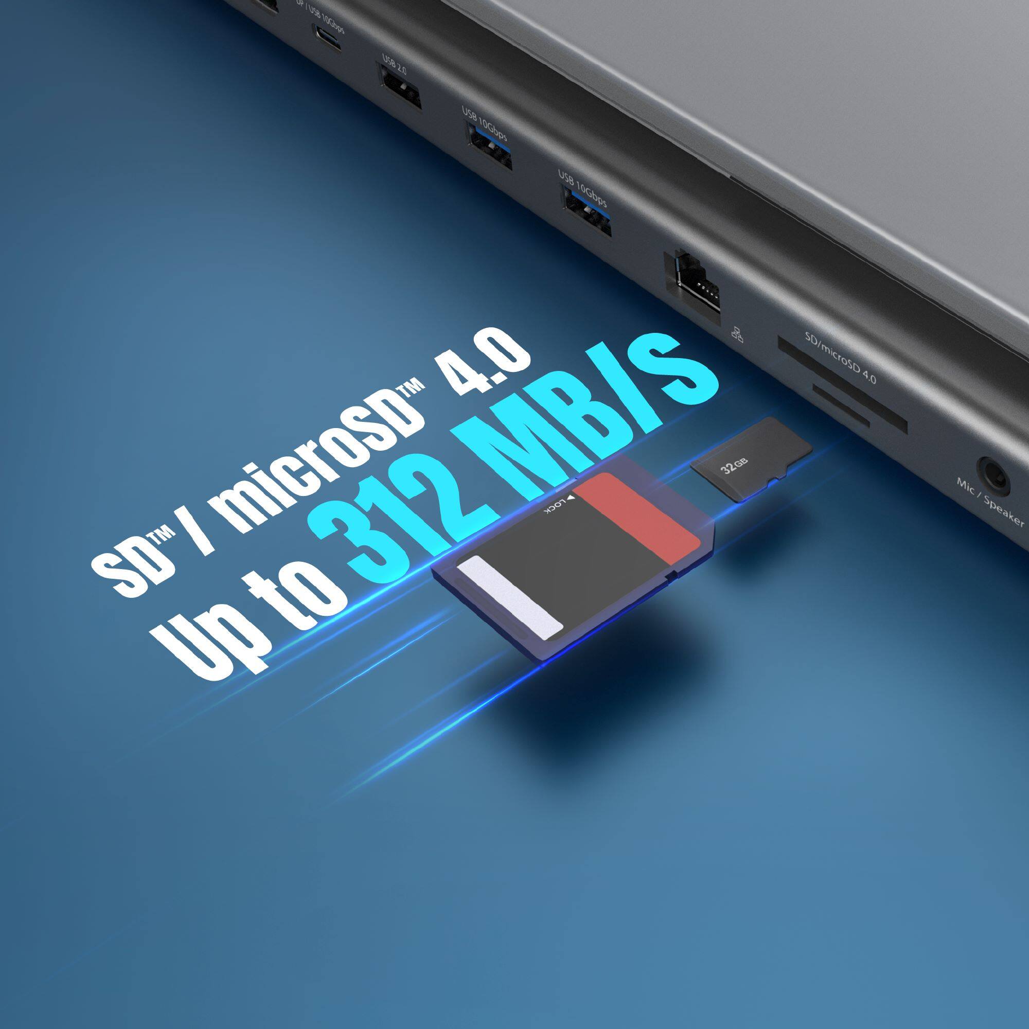 The image features a laptop with a memory card inserted into it. The memory card is shown to be a microSD card, which is capable of transferring data at a speed of 312 MB/s. The laptop is also equipped with a USB port, allowing for additional connectivity options. The image is promoting the laptop's memory card capabilities and its compatibility with microSD cards.