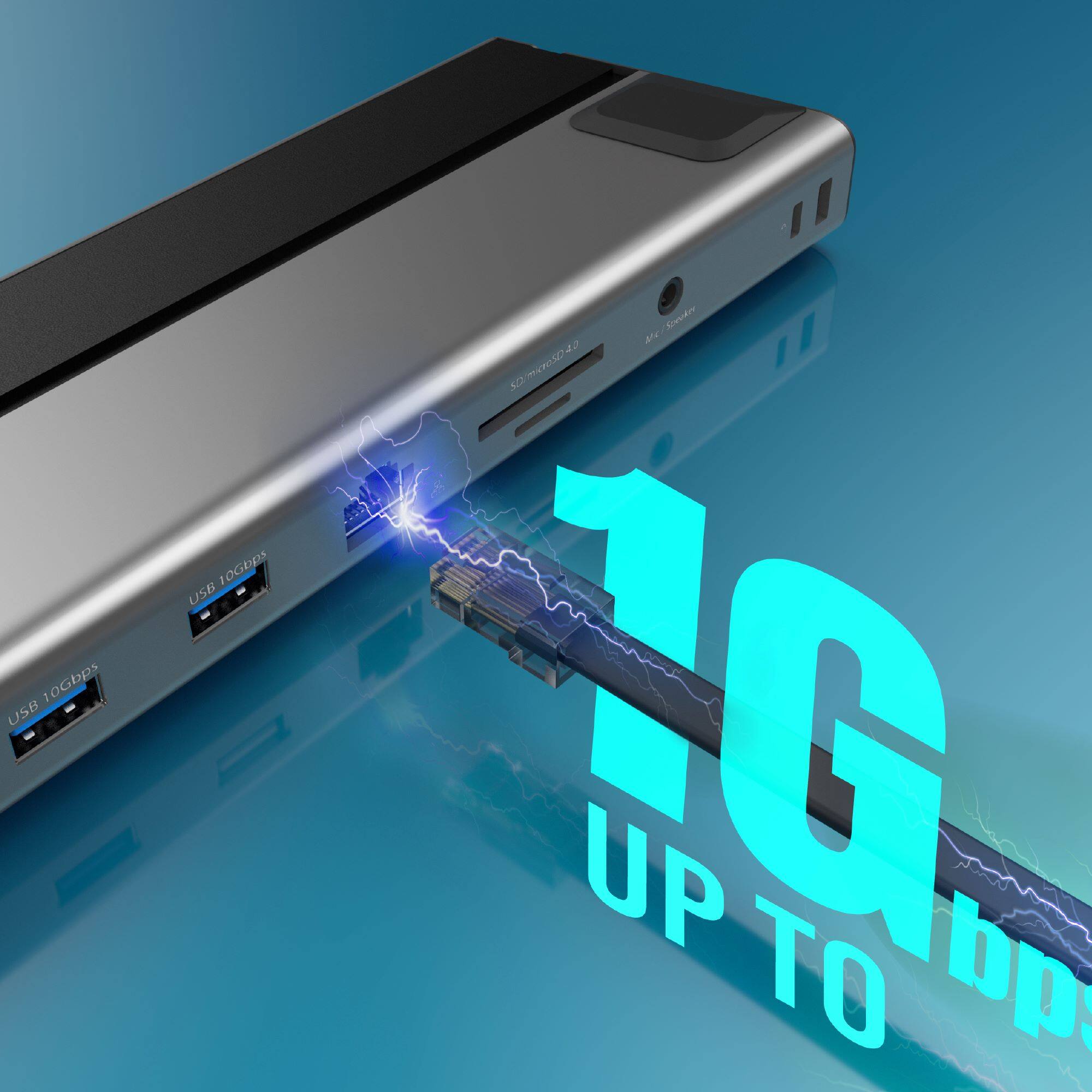 The image features a laptop docking station with a USB cable plugged into it. The USB cable is shown to be connected to the laptop, and the station is capable of providing up to 10Gbps of speed. The station is designed to enhance the laptop's performance and provide a more efficient and convenient way to connect peripherals and accessories.