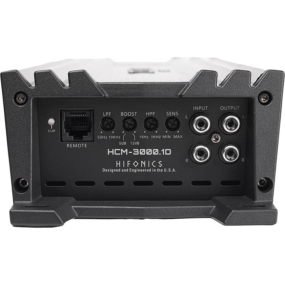 The image features a HIFONICS HCM-3000.1D device with a remote control. The device has a clip input and a remote input, as well as various settings such as LPF, HPF, SENS, and a range of frequencies from 60 Hz to 100 kHz. The device also has a remote control, and it is designed and engineered in the United States.