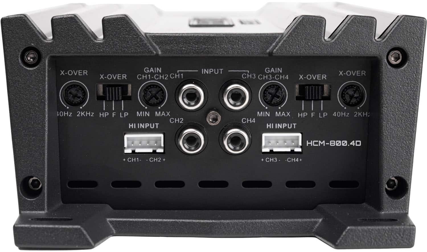 The text on the image reads:
GAIN X-OVER CH1-CH2 CH1 INPUT GAIN CH3 X-OVER CH3-CH4 X-OVER 10Hz 2KHz HP F LP MIN MAX CH2 HI INPUT MIN MAX HP CH4 HI INPUT F LP 40Hz 2KH: HCM-800.40 CH1 CH2 CH3 CH4