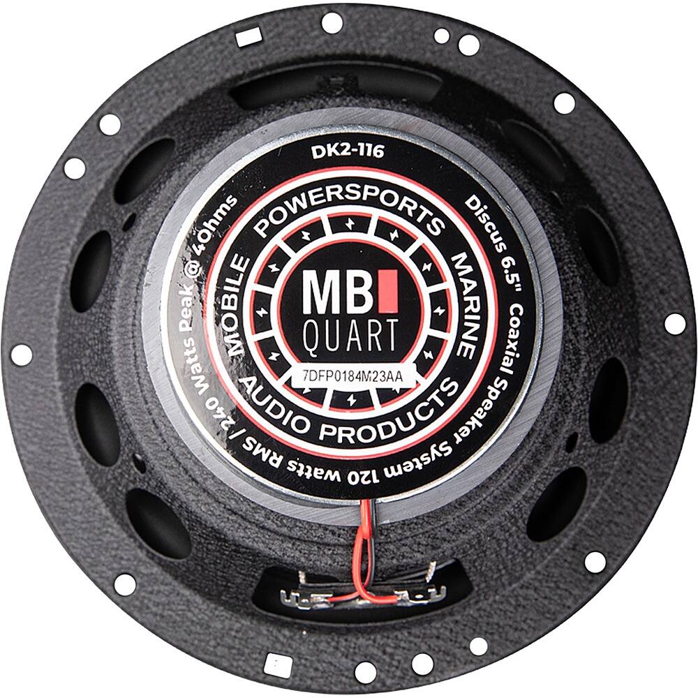 The text on the image reads: "DK2-116 40hms POWERSPORTS Discus @ 6.5" Peak MOBILE MB MARINE QUART Coaxial Watts 7DFP0184M23AA /240 AUDIO PRODUCTS Speaker RMS System watts 120."