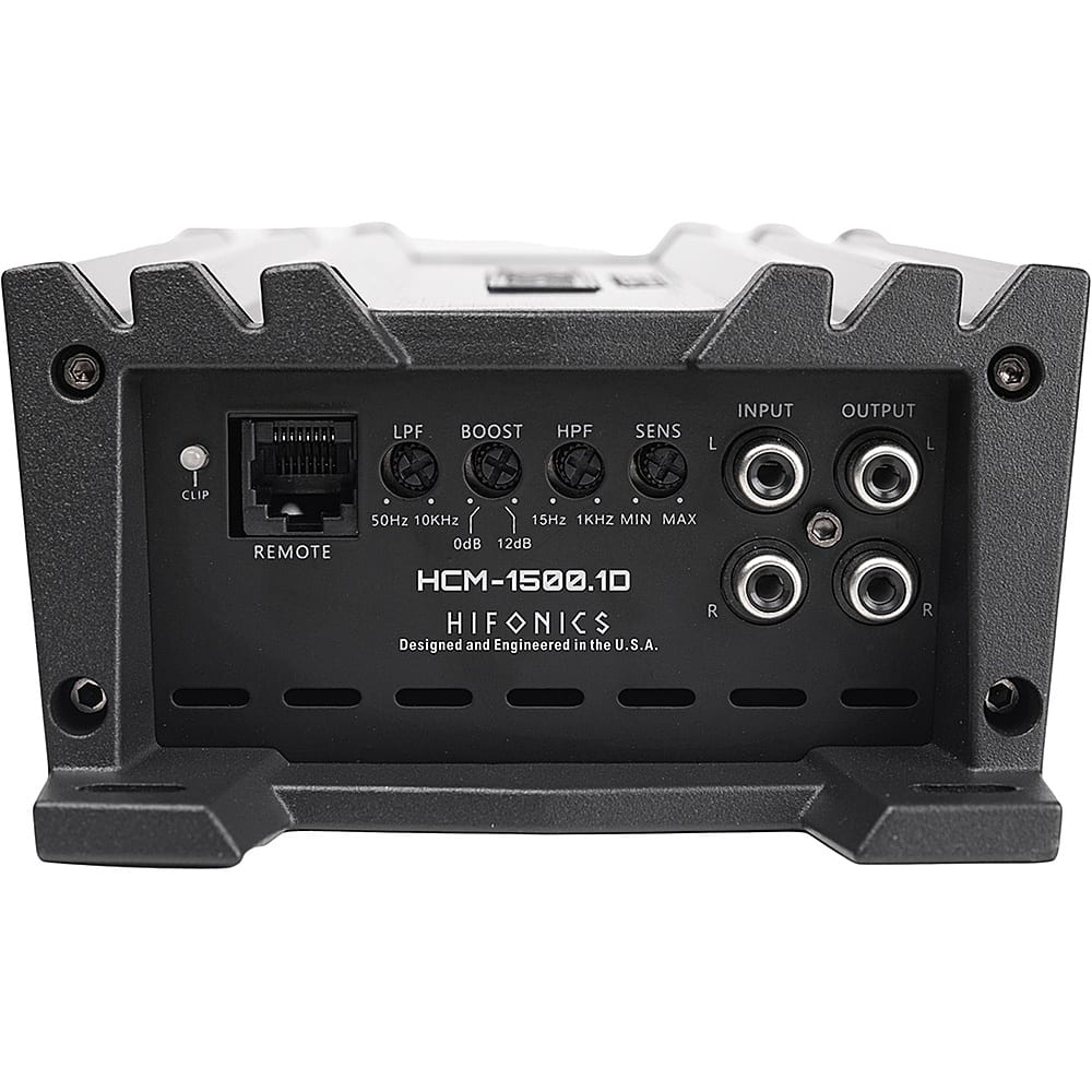 The text on the image reads:
"HIFICS Designed and Engineered in the U.S.A. HCM-1500.1D Remote HIF Input Output LPF BOOST HPF SENS L INPUT OUTPUT L CLIP 50Hz 10KHz 15Hz 1KHZ MIN MAX 0dB 12dB"