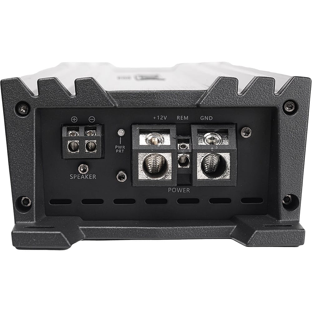 The image shows a black box with a power button and a speaker plugged into it. The box is labeled with the text "12V REM GND PWR PRT SPEAKER POWER." This indicates that the box is designed to provide power to the speaker and possibly other devices, with the power button allowing for control over the power supply.