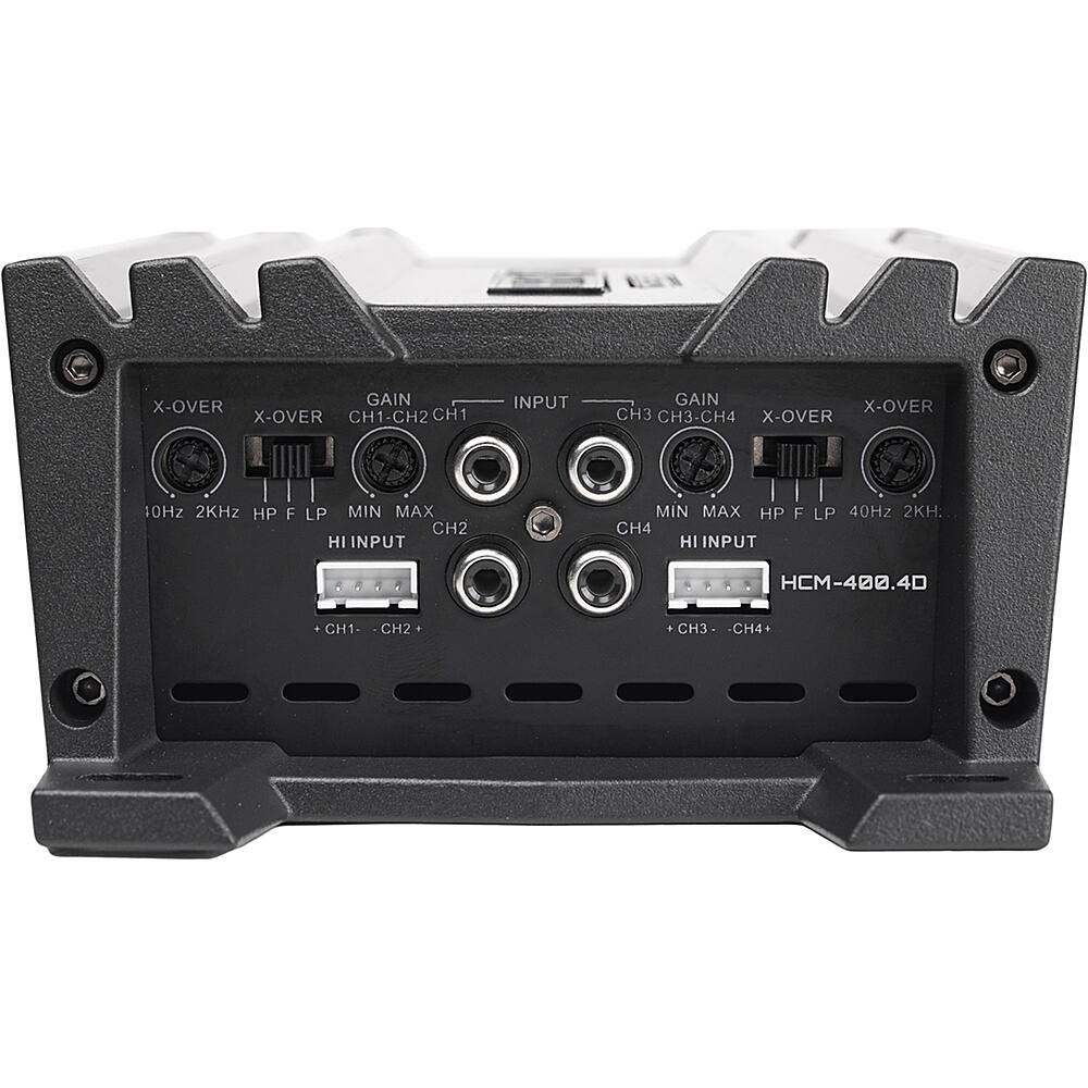 The text on the image reads:

GAIN X-OVER CH1-CH2 CH1 INPUT GAIN X-OVER CH3 CH3-CH4 X-OVER OHz 2KHz HP F LP MIN MAX CH2 HI INPUT MIN MAX HP CH4 HI INPUT F LP 40Hz 2KH. HCM-400.40 CH1 CH2 . H3-CH4+ CH3 CH4

This text describes the features and settings of a device, possibly a sound mixer or audio processor, with various input and output options, gain controls, and frequency response specifications.