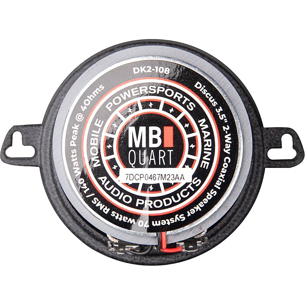 The text on the image reads: "DK2-108 40hms POWERSPORTS Discus @ 3.5" Peak MOBILE MBI MARINE 2-Way Watts QUART 140 AUDIO 7DCP0467M23AA Coaxial - PRODUCTS RMS watts Speaker 04 System."