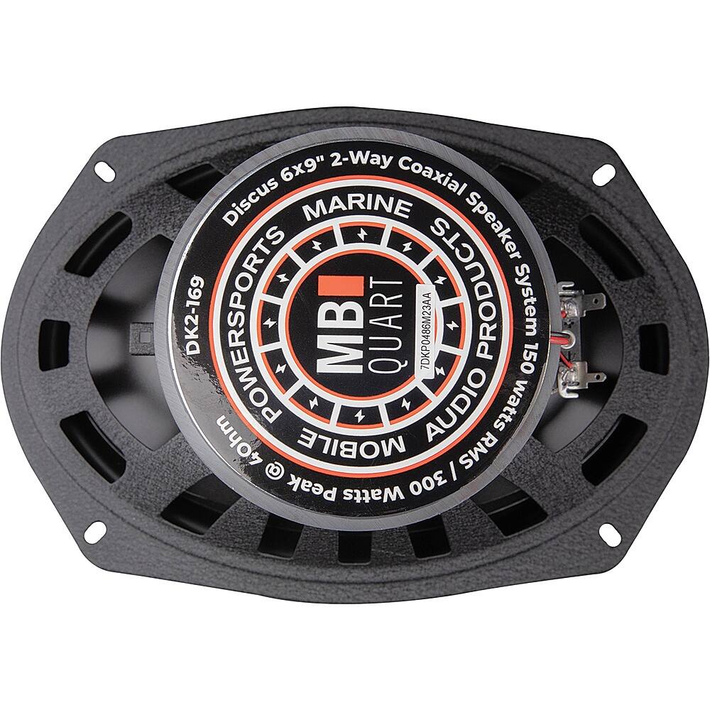 The image features a black and orange speaker with the brand name "MB Quart" on it. The speaker is designed for marine use and is a 6x9" 2-way coaxial speaker. The speaker is rated at 150 watts RMS and 300 watts peak power. The speaker is designed to provide high-quality audio for marine applications.