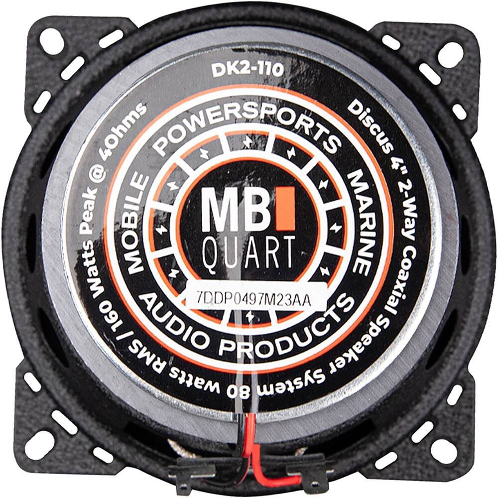 The text on the image reads: "DK2-110 40hms POWERSPORTS Discus @ 4" Peak MOBILE MBI MARINE 2-Way Watts QUART 160 7DDP0497M23AA Coaxial - RMS AUDIO PRODUCTS Speaker watts 80 System."