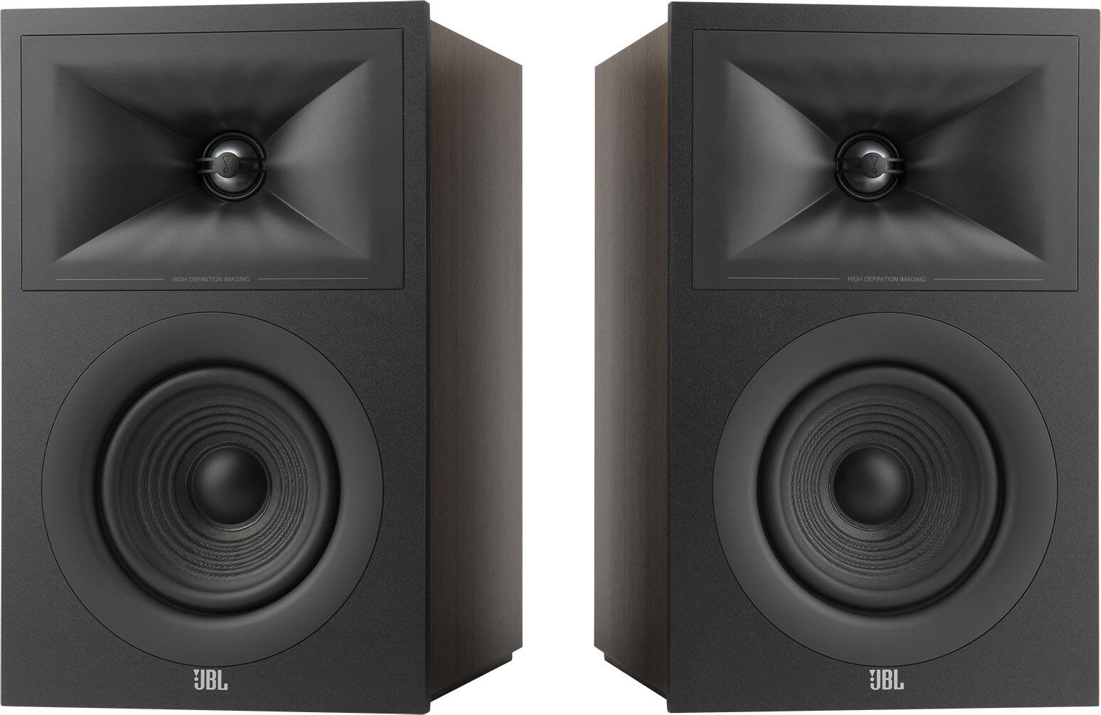 The image features two JBL speakers, which are black and brown in color. They are placed next to each other, possibly for a stereo setup.