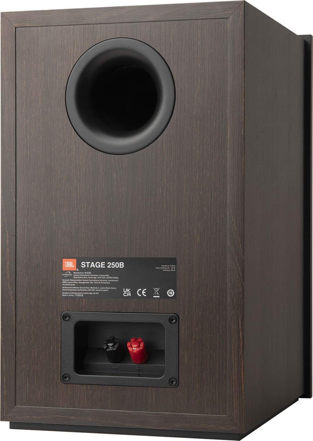 The text on the image reads "UBL Stage 2508 - 250W - 8 Ohm - 100V - 1% - CE marked." This indicates that the speaker is a 250-watt, 8-ohm speaker with a 100V rating and is CE marked, which means it meets safety and quality standards for use in the European Union.