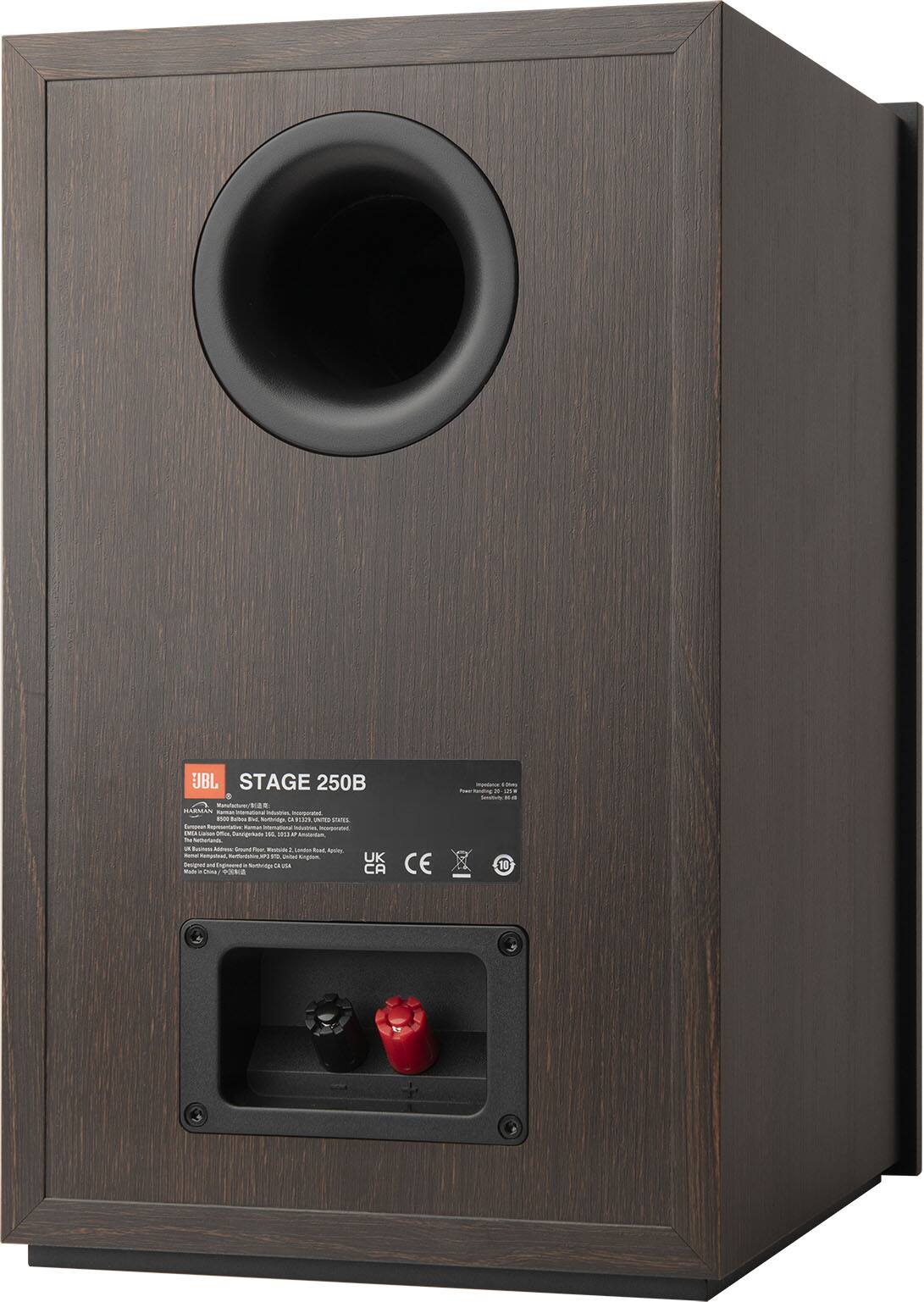 The text on the image reads "UBL Stage 2508 - 250W - 8 Ohm - 100V - 1% - CE marked." This indicates that the speaker is a 250-watt, 8-ohm speaker with a 100V rating and is CE marked, which means it meets safety and quality standards for use in the European Union.