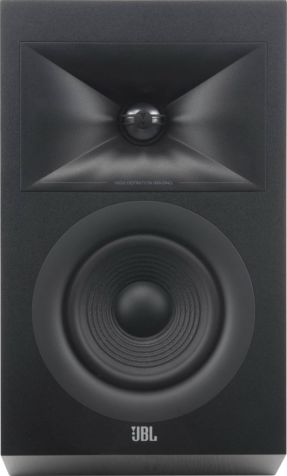 The image features a large black speaker with a silver JBL logo on it. The speaker is designed for high-quality sound reproduction and is likely used for home theater or music systems. The speaker has a large, round shape and is positioned in the center of the image.