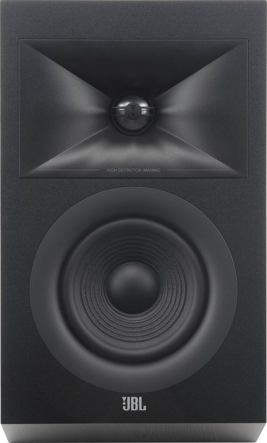 The image features a large black speaker with a silver JBL logo on it. The speaker is designed for high-quality sound reproduction and is likely used for home theater or music systems. The speaker has a large, round shape and is positioned in the center of the image.