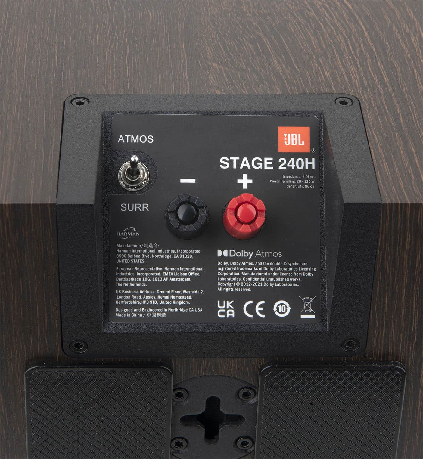 ATMOS JBL STAGE 240H 240V 50/60Hz 125W
Power consumption: 4 - + 20V 125W
Manufacturer: Harman International Industries Incorporated
European Representative: Harman International Industries Incorporated
MIA Liaisons Office
Danzigerade 160 1013 AP Amsterdam
The Netherlands
Business Address: Ground Floor Westside 2. Landon Road Apsley. Hemel Hempstead Hertfordshire, HP3 9ST
United Kingdom
Designed and Engineered in Northridge, CA, USA
Made in China
Dolby Atmos and the double-D symbol are registered trademarks of Dolby Laboratories Licensing Corporation.
Manufactured under license from Dolby Laboratories.
Confidential unpublished work. Copyright 2012-2021 Dolby Laboratories. All rights reserved.