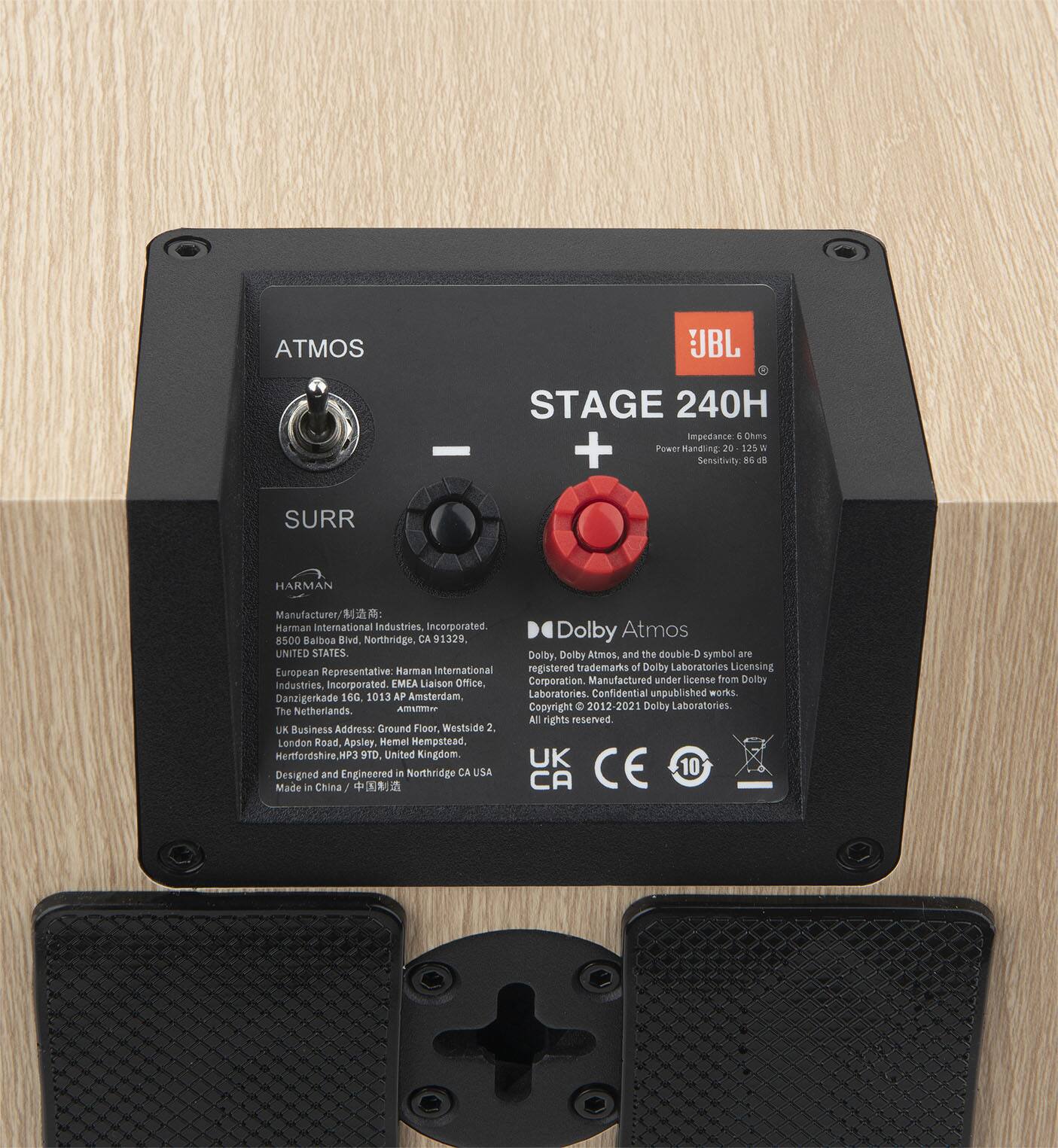 ATMOS JBL STAGE 240H In-Pulse Dhns + Pn manding 2 P a Senotivite M d SURR HARMAN Manufactures A a Harman International ndustries incorporated 8500 Balboa ald Northriage CA 91329 UNITED STATES Eurogeas Representative rAmER International Industries incorporated MILA Liaison office Danzigerkade 100 1013 AP Amstendam The Netheriands AMUEI DE Busitess Address Ground Floor Mestside 2. London koad Apsley Memel Hempstead HertfordshireHP3 VID united Kingdom. Designed and Engineered Nothridge CA USA Made in China + Dolby Atmos Delly Delly ADOR. and the double-D symbol are registered trademarks of Dolby Laboratories Licensing Corporation Manufactured under license from Dolby Laboratories. Copyright C 2012-2021 Dolby Laboratories. All rights reserved.